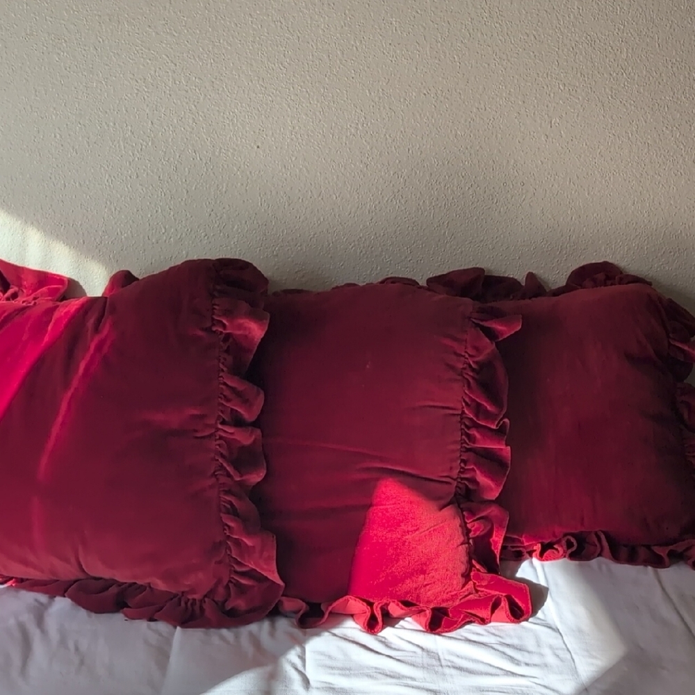 Ralph Lauren Deep Red Velvet Pillow Cover Set Of 3, Shams Only, No Pillow Insert
